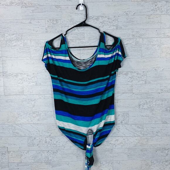 Full Tilt striped cold shoulder short sleeve blouse front tie teal - Picture 1 of 5
